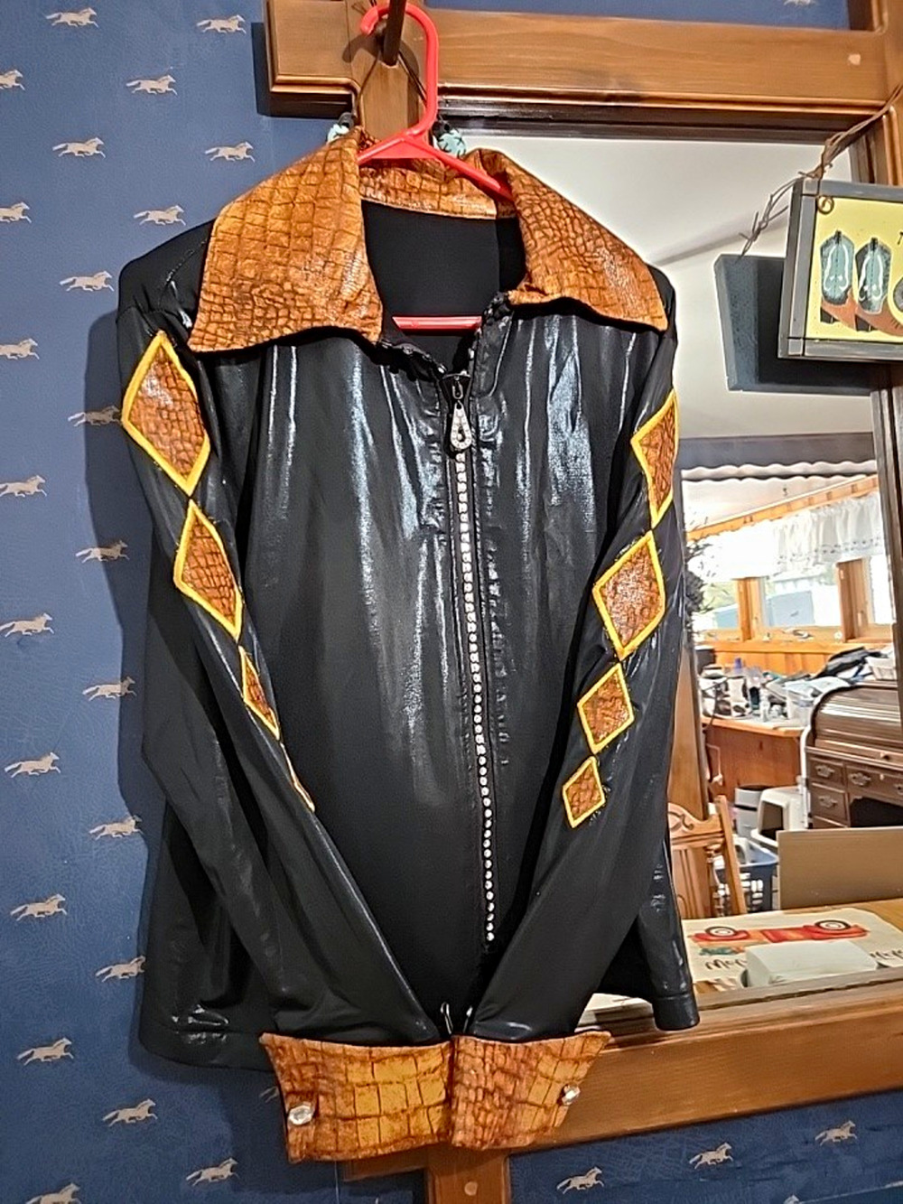 Custom Western Horse Show Shirt Swarovski Crystal Zipper Black Brown Handmade Lg